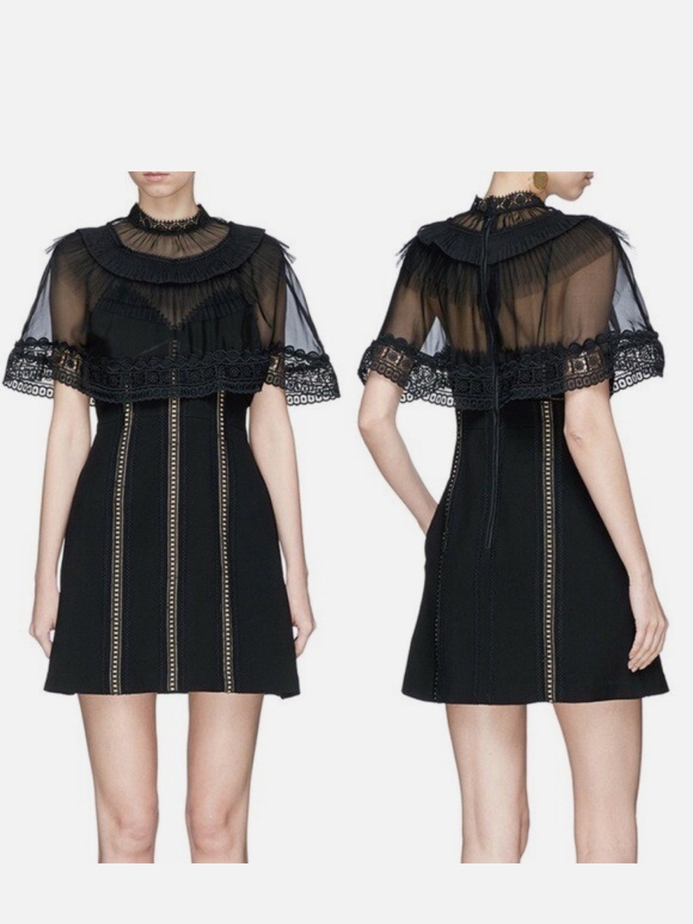 Self-Portrait Black Chiffon Cape Overlay Cady Mini Dress